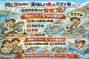 同じ魚なのに「美味しい魚」「マズイ魚」と評価が分かれる理由は ・釣った直後の処理 ・鮮度管理・季節・個体差。この積み重ね。釣太郎