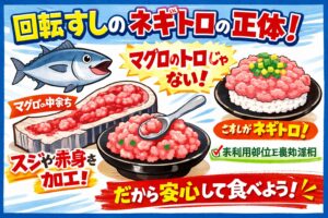 回転すしのネギトロの正体は、マグロのトロではありません。中落ちや骨周りの身を。加工し。食べやすくした食品です。釣太郎