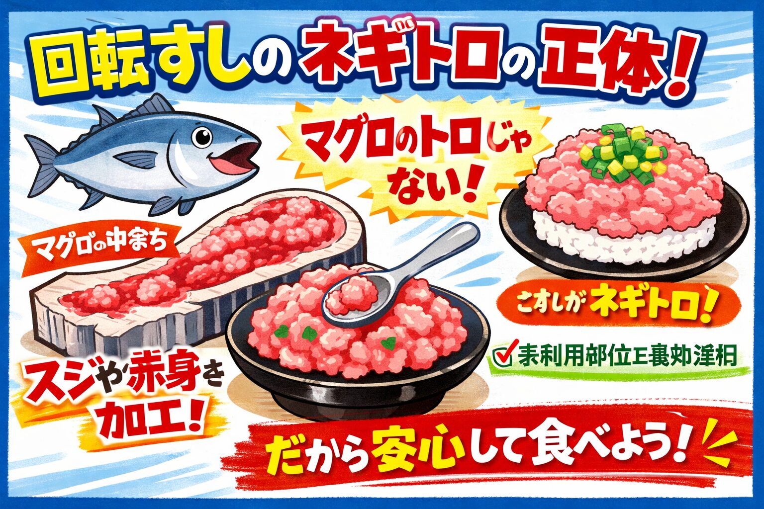 回転すしのネギトロの正体は、マグロのトロではありません。中落ちや骨周りの身を。加工し。食べやすくした食品です。釣太郎