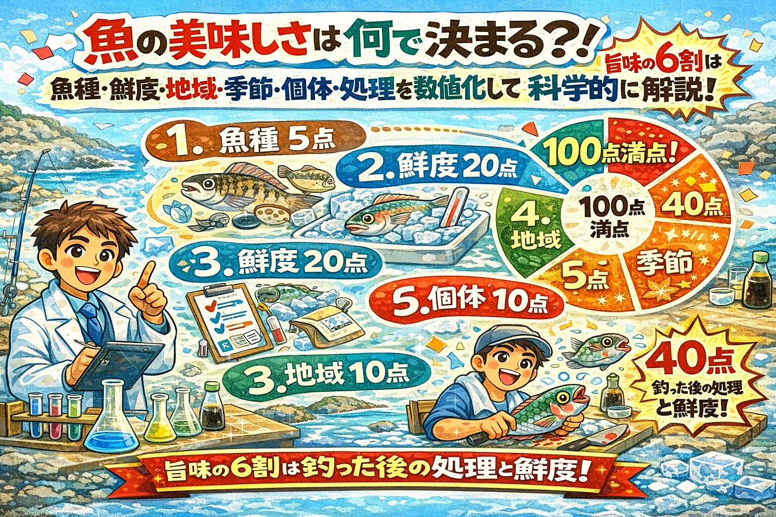 魚の美味しさは、魚種ではなく積み重ねで決まります。特に釣った直後の処理・鮮度管理 この2つで全体の6割を占めます。釣太郎