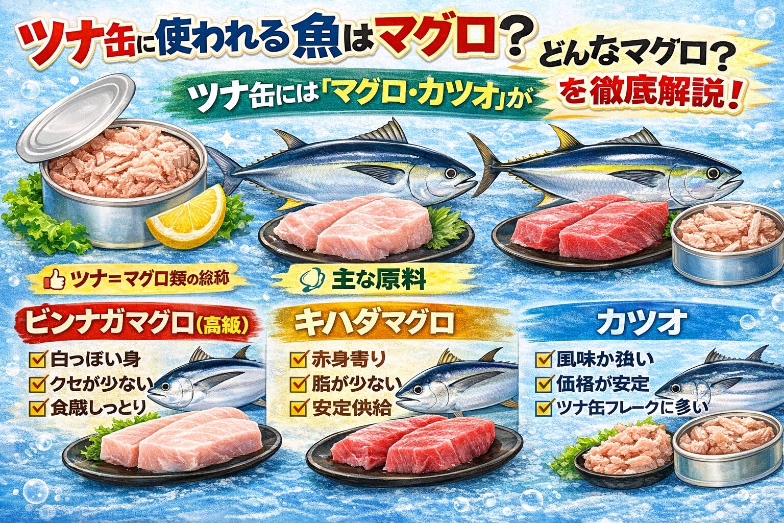 ツナ缶に使われる魚は、マグロ類が中心。 主な原料は、ビンナガマグロ・キハダマグロ ・カツオ。ツナとは、 魚種名ではなく総称。釣太郎