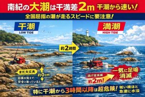 南紀の大潮は「高さ」より「速さ」が危険。 干満差は最大2m。釣太郎