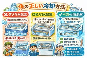 魚の冷却は、氷が多ければ良いという単純な話ではありません。氷なしはNG・少なすぎると冷えない・多すぎると味を壊す。正解は、「適量の氷で、適切に隔離して冷やす」釣太郎