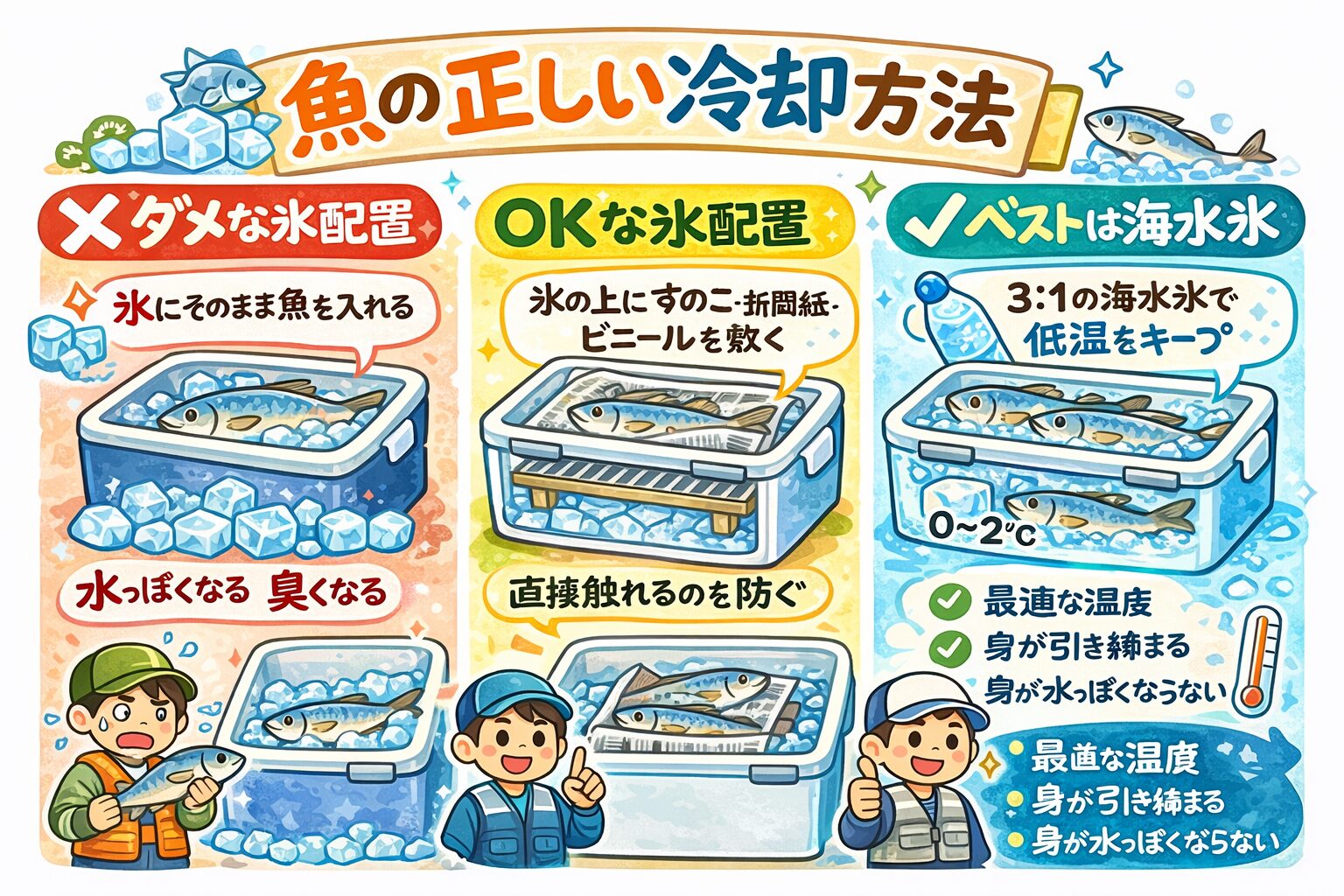 魚の冷却は、氷が多ければ良いという単純な話ではありません。氷なしはNG・少なすぎると冷えない・多すぎると味を壊す。正解は、「適量の氷で、適切に隔離して冷やす」釣太郎