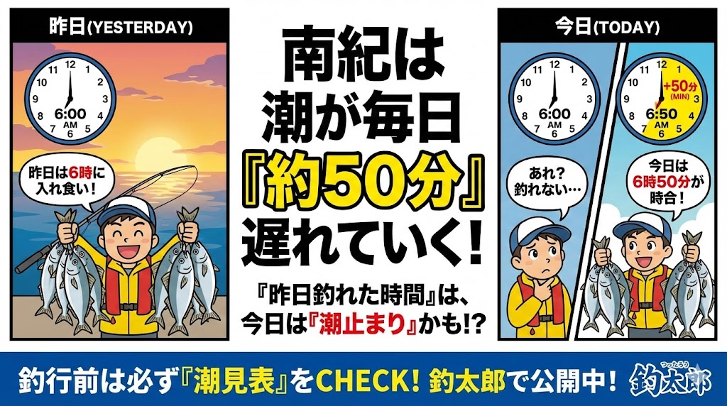 釣行前は必ず「潮見表」の確認を「昨日釣れた時間」に行くのではなく、「昨日の潮の時間＋50分」を目安にする。釣太郎