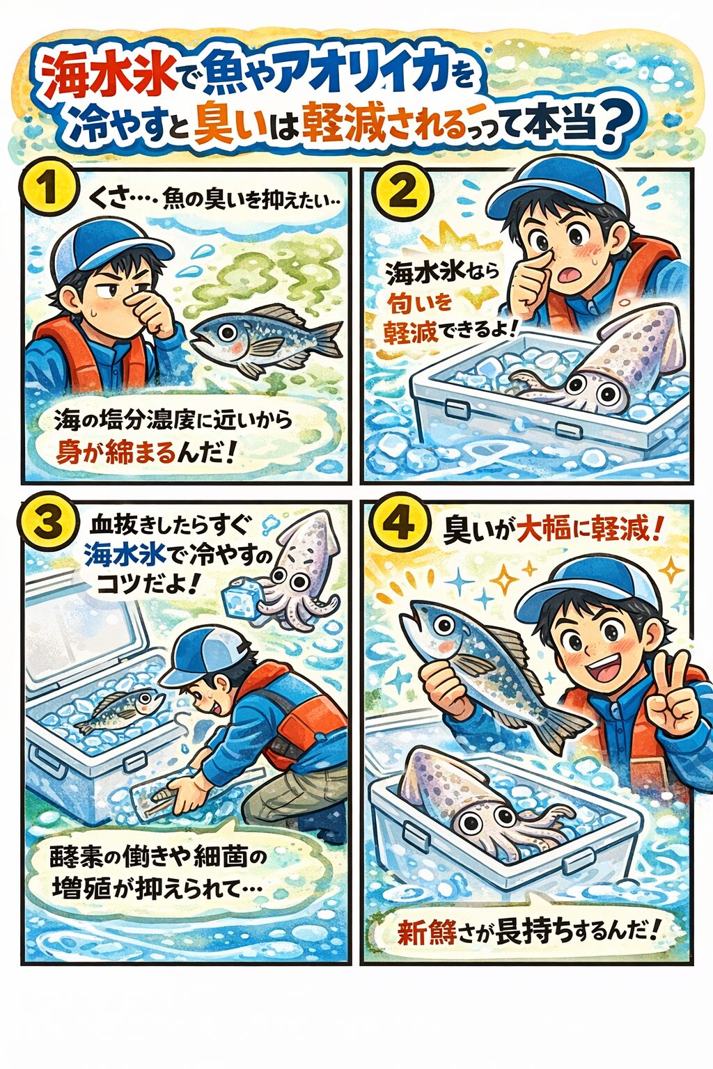 海水氷で魚やアオリイカを冷やすと臭いは 確実に軽減される。 理由はTMAの発生を遅らせる・身の劣化を防ぐ・水分吸収を防止する.釣太郎