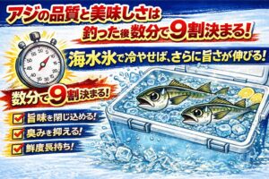アジの品質と美味しさは釣った後の数分で9割決まる。放置すると暴れで一気に劣化が進む。活締めと血抜きで味の伸び代を守れる ・冷やし方で最終的な旨さが決まる。釣太郎