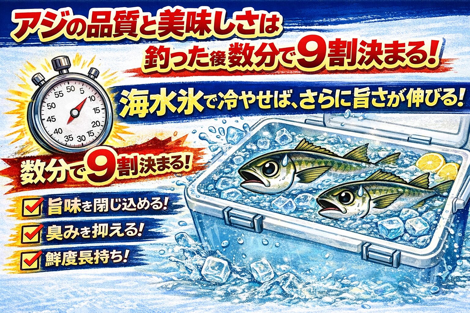 アジの品質と美味しさは釣った後の数分で9割決まる。放置すると暴れで一気に劣化が進む。活締めと血抜きで味の伸び代を守れる ・冷やし方で最終的な旨さが決まる。釣太郎