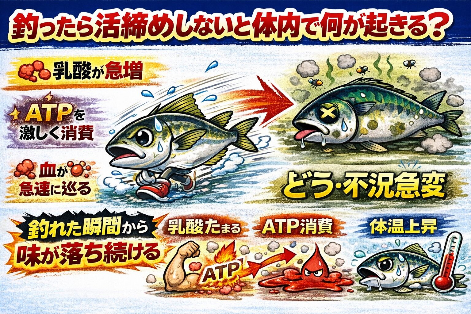 魚は釣られると必ず暴れる・暴れるほど体内で劣化が進む・乳酸、ATP消費、体温上昇が同時進行・早い活締めでそれらを止められる ・味の差は釣った後に生まれる。釣太郎