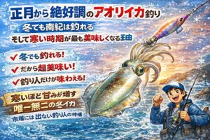 南紀では正月を過ぎてもアオリイカは釣れ続ける。黒潮の影響で。冬でも生息可能な環境が残る。釣太郎