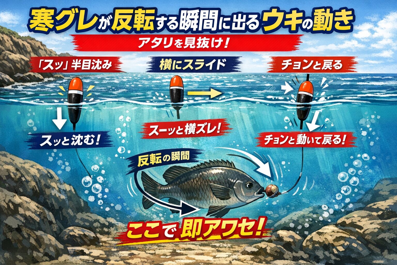寒グレ釣りで重要なのは、「ウキが沈むかどうか」ではありません。寒グレは食ってから走らない・反転する一瞬にしか変化が出ない・半目、横ズレ、一瞬の沈みが本アタリ。釣太郎