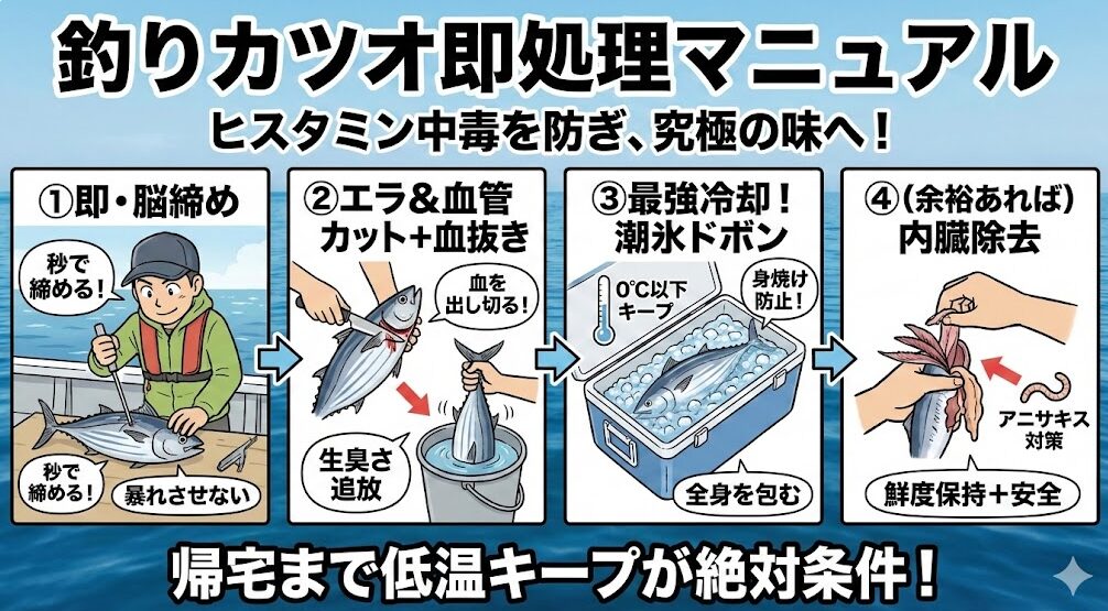 カツオ釣りは、釣って終わりではなく、「脳締め」「血抜き」「即・潮氷」。 この3つを流れるように行い、家まで低温をキープする。 ここまでやって初めて、釣り人の特権である「究極のカツオ」にありつけます。釣太郎