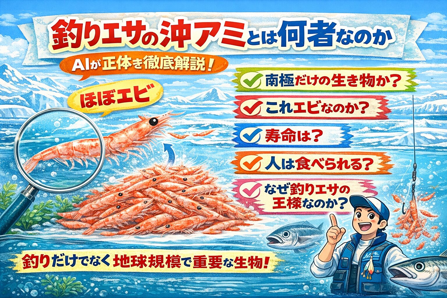 沖アミは甲殻類でエビの仲間。南極だけでなく世界中にいるが南極産が圧倒的。釣太郎