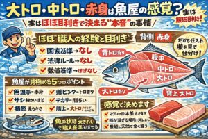 大トロ・中トロ・赤身は、公的な基準は存在しない。ほぼ職人の目利き・脂率は参考値レベル・店によって基準が違う・結局は人を見る.釣太郎