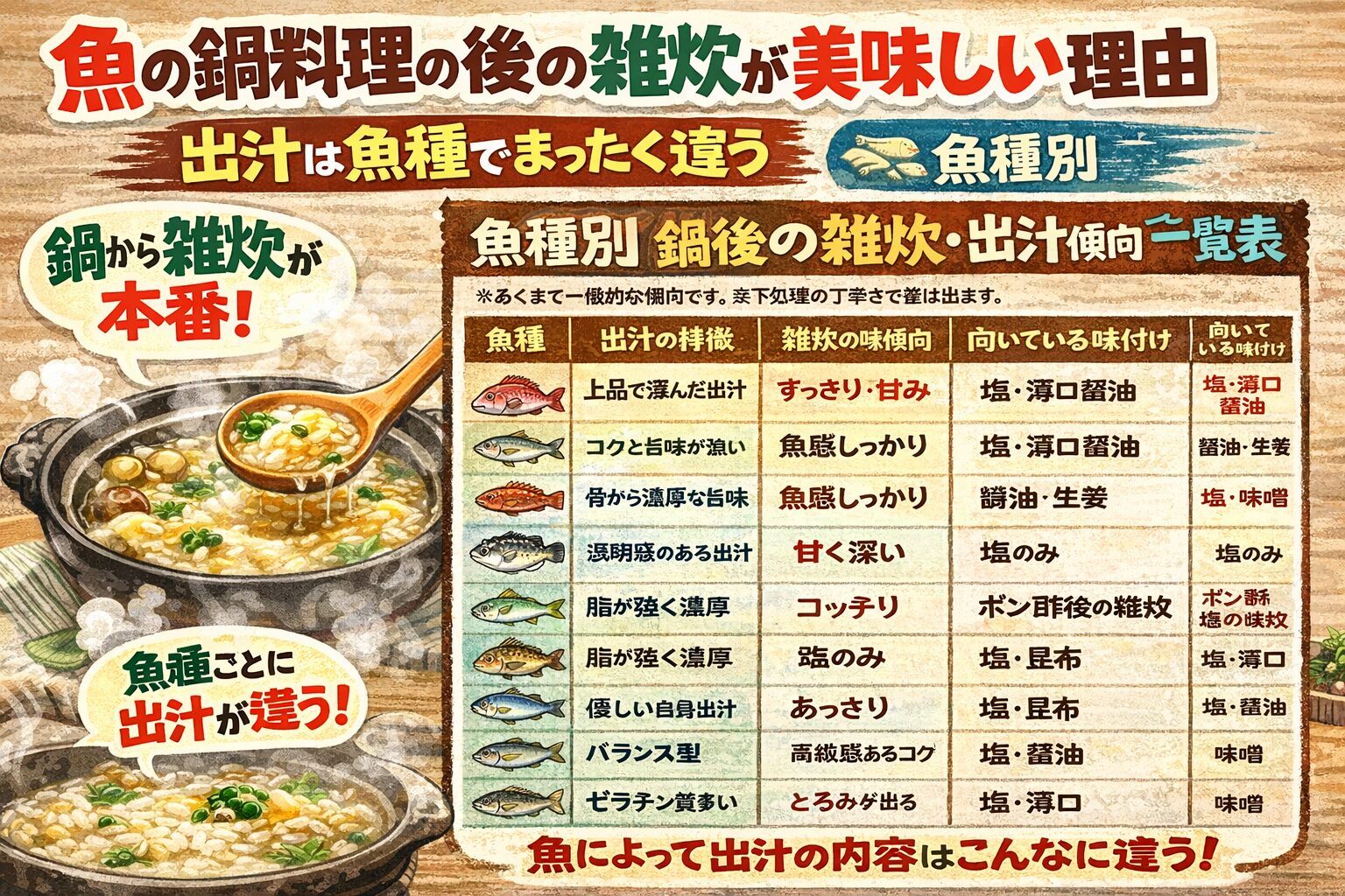 魚鍋の後の雑炊は・同じ作り方・同じ米でも 魚種が違えば味は別物 。釣太郎