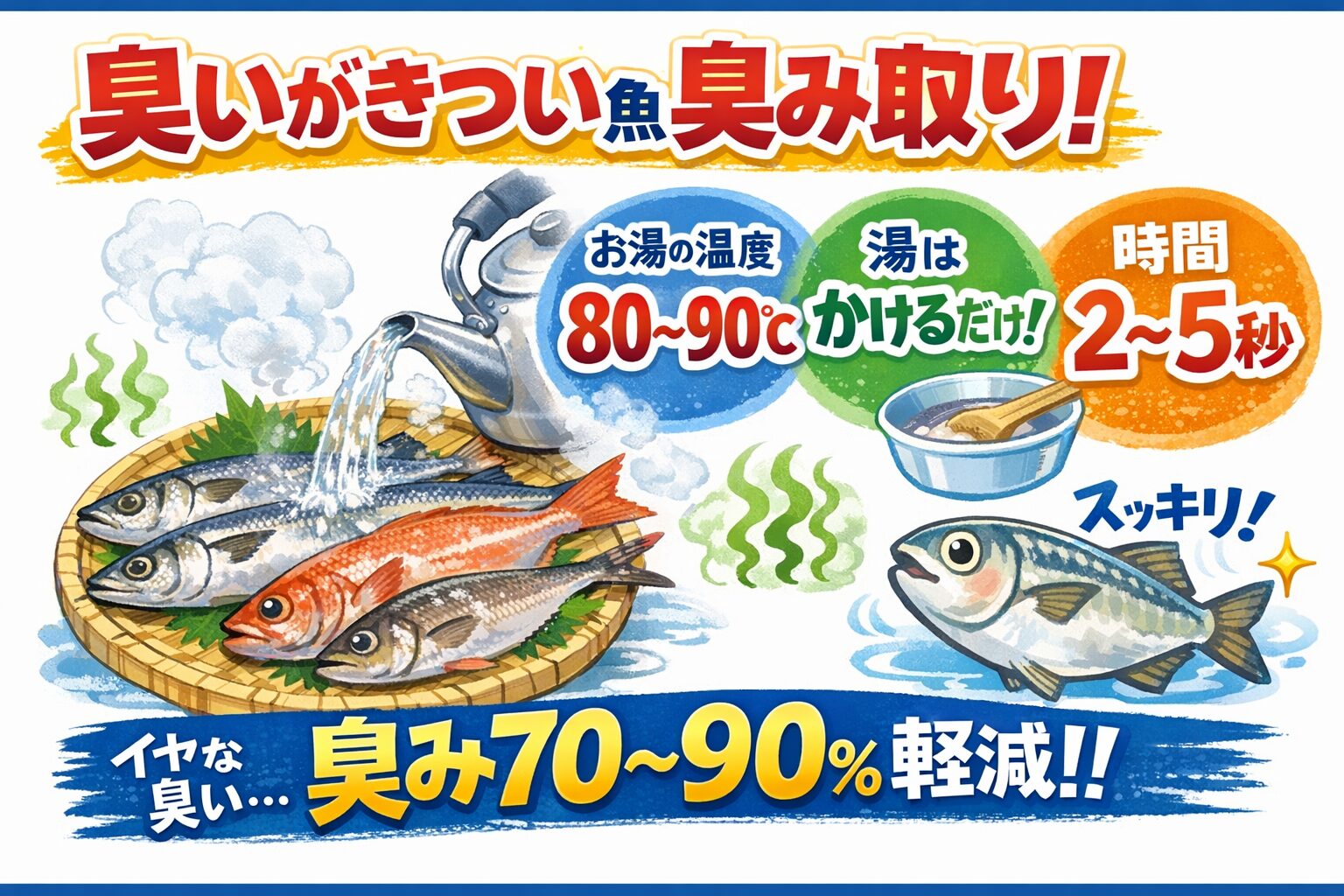 匂いがきつい魚の臭み取りは・お湯の温度は80〜90℃・湯は「かけるだけ」でO。時間は2〜5秒。・臭みは70〜90％軽減。釣太郎