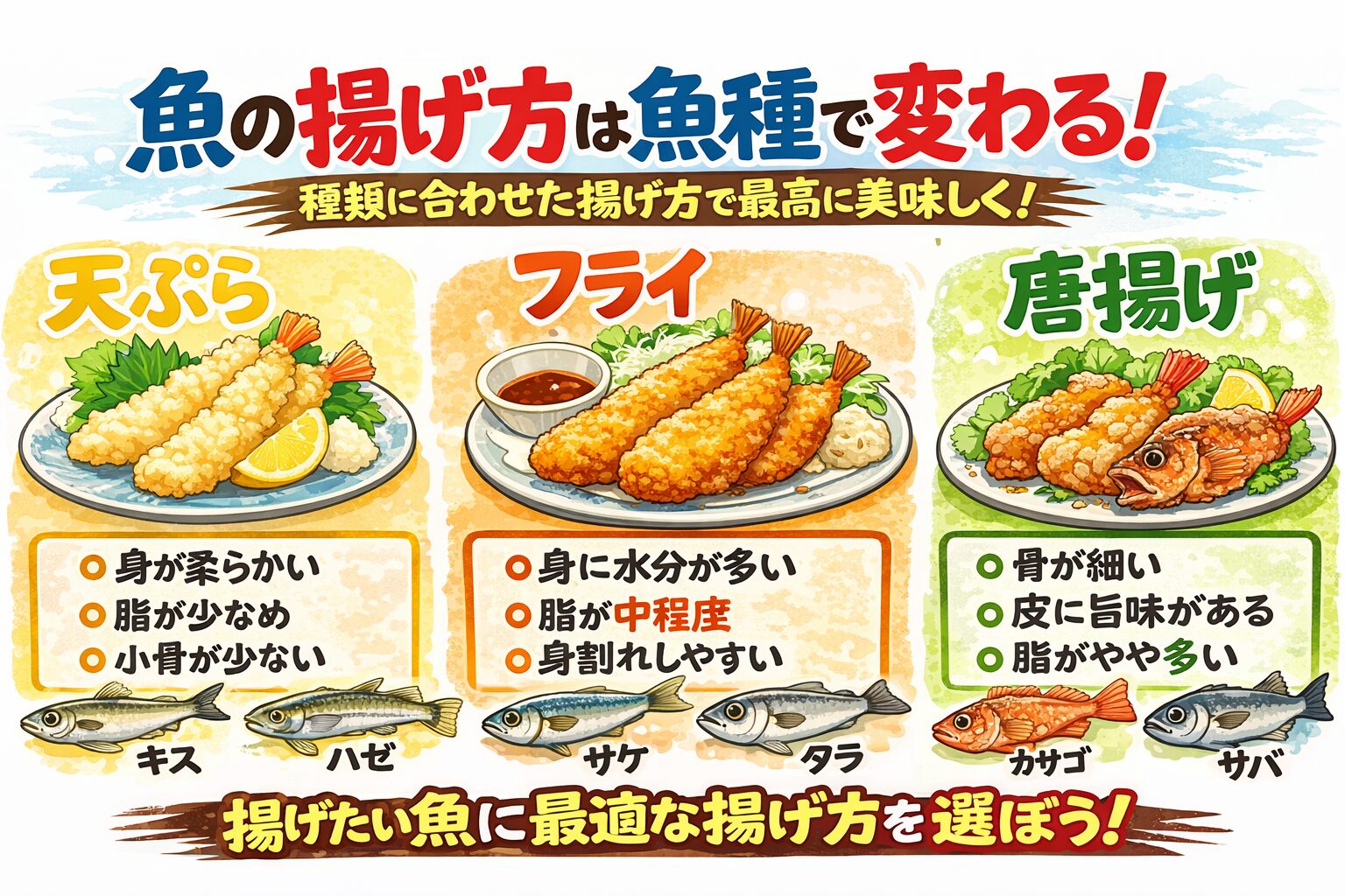 魚の揚げ料理は「油で揚げる」だけではありません。天ぷらは繊細さ重視。フライは水分補正。唐揚げは骨と皮まで旨味に変える。釣太郎
