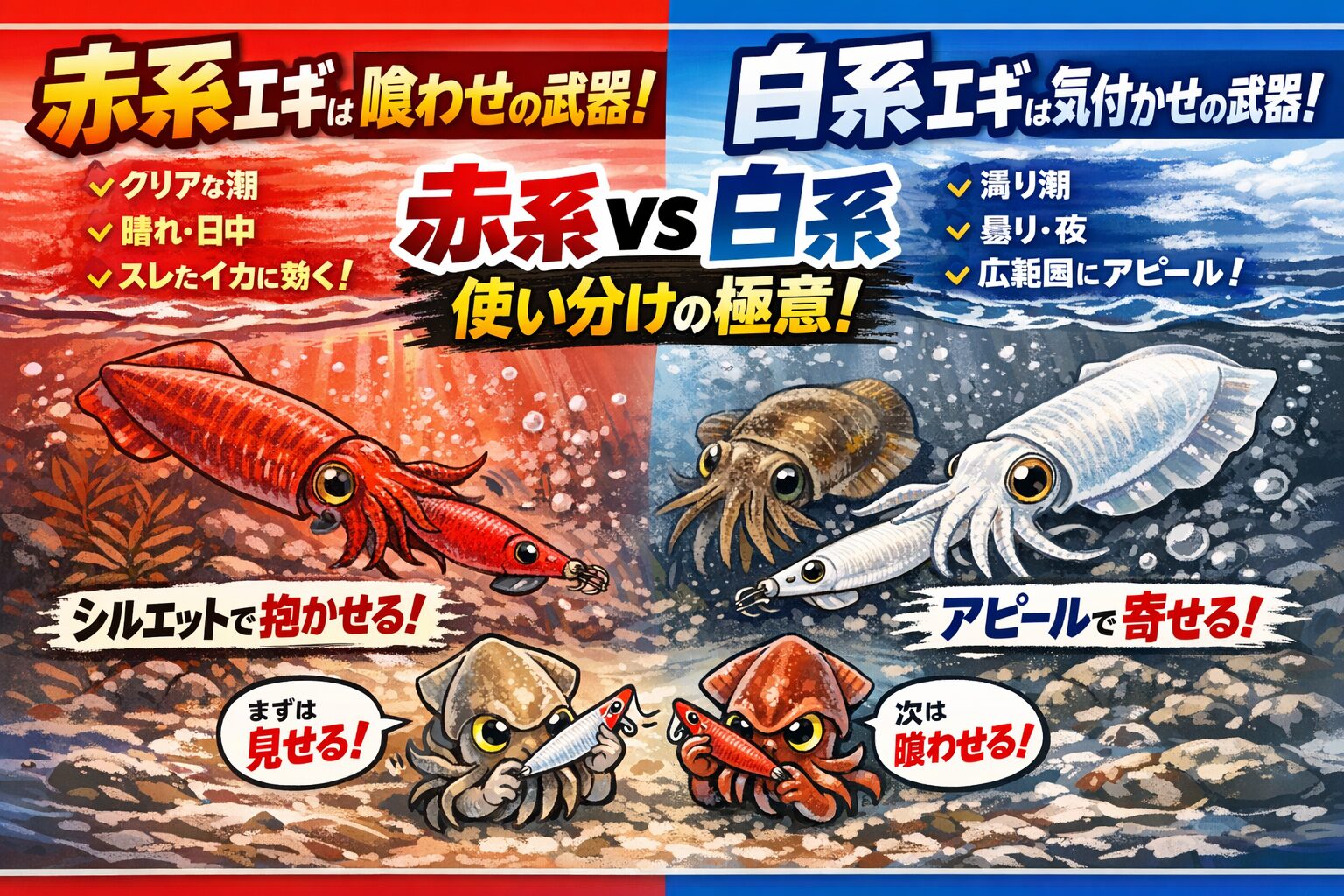 アオリイカの赤系と白系について、どこよりも詳しく釣り人向けに解説。釣太郎