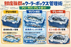 クーラーボックスの中は「氷だけ」では不十分です。 氷に海水を加えた**「潮氷（海水氷）」**を作ることが、鮮度保持の第一歩です。釣太郎