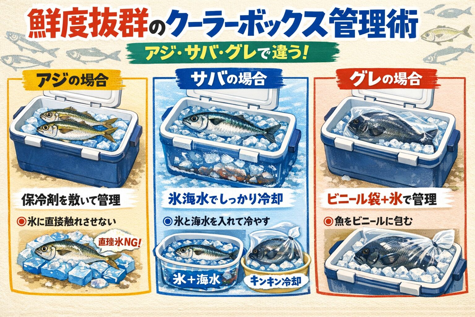 クーラーボックスの中は「氷だけ」では不十分です。 氷に海水を加えた**「潮氷（海水氷）」**を作ることが、鮮度保持の第一歩です。釣太郎