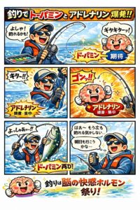 釣りが楽しい理由は、 癒し → 興奮 → 満足。 この流れが完璧だから。ドーパミンで癒され・アドレナリンで燃えて・ドーパミンで満たされる。これが釣りの正体。釣太郎