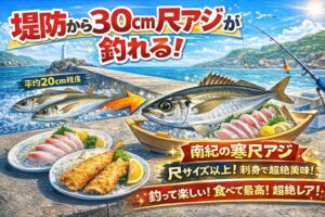 南紀では・黒潮と地形 ・冬のサイズ選別・堤防という安全性これらが重なり堤防から30cm級寒尺アジが狙える。釣太郎