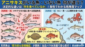 寄生虫アニサキス対策。釣ったらすぐにキンキンに冷やす（内臓から出さない）調理時は明るい場所で目視確認する。心配なら加熱か冷凍（-20℃で24時間以上）する。釣太郎