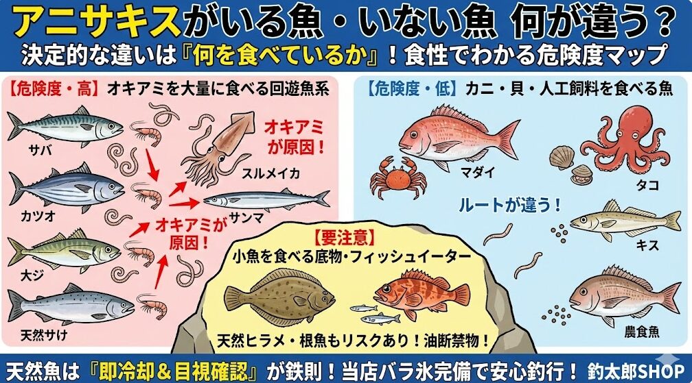 寄生虫アニサキス対策。釣ったらすぐにキンキンに冷やす（内臓から出さない）調理時は明るい場所で目視確認する。心配なら加熱か冷凍（-20℃で24時間以上）する。釣太郎
