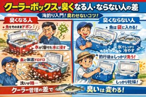 魚は必ず袋に入れる ・氷水に浸さない・血を出しっぱなしにしない・洗った後は必ず乾燥。この4つを守るだけで、クーラーボックスは驚くほど臭わなくなります。釣太郎