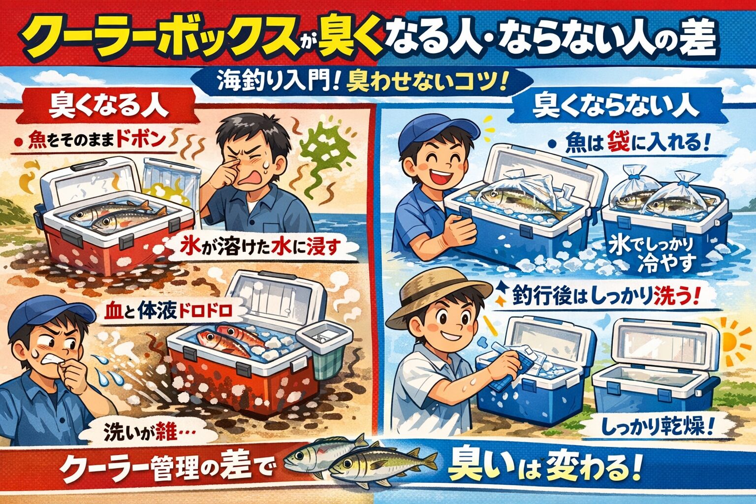魚は必ず袋に入れる ・氷水に浸さない・血を出しっぱなしにしない・洗った後は必ず乾燥。この4つを守るだけで、クーラーボックスは驚くほど臭わなくなります。釣太郎