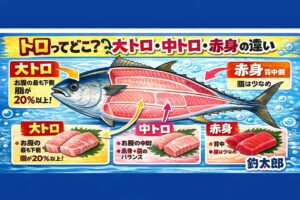 トロ＝腹身・大トロ20〜35％脂肪・中トロ8〜15％・マグロ特有構造・他魚では完全再現不可。釣太郎