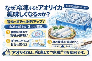 アオリイカは✔ 冷凍で旨味が出る✔ 冷凍で甘くなる✔ 冷凍で安定する。数少ない“冷凍向き高級魚介”です。釣太郎