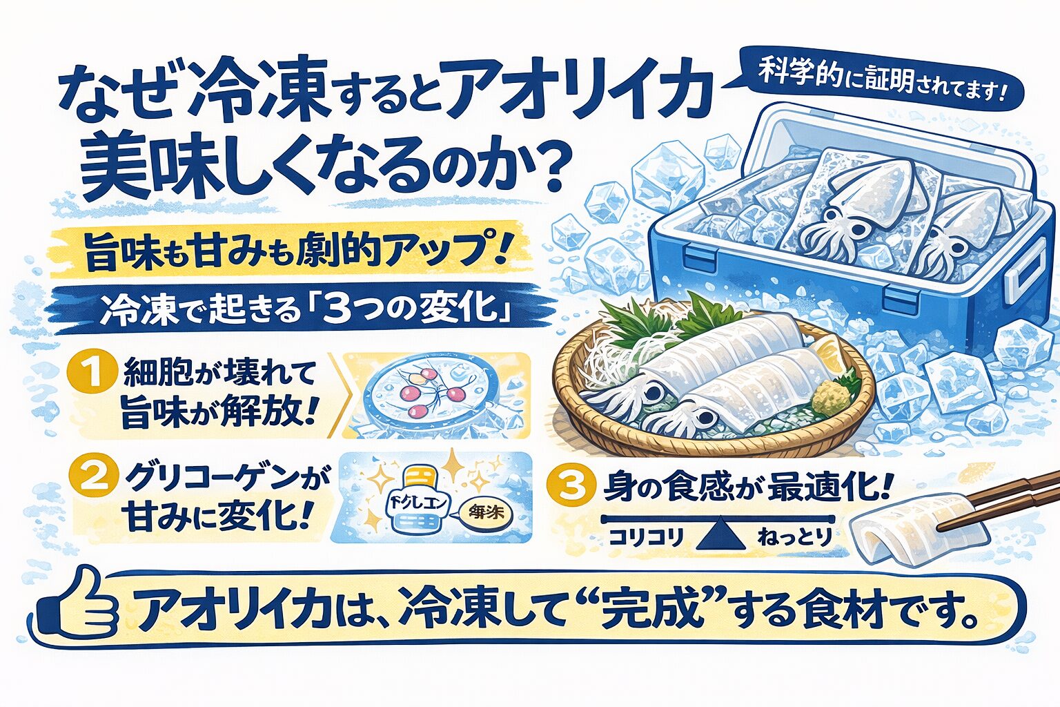 アオリイカは✔ 冷凍で旨味が出る✔ 冷凍で甘くなる✔ 冷凍で安定する。数少ない“冷凍向き高級魚介”です。釣太郎
