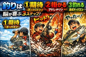 釣りは①期待する（ドーパミン）②掛かる（アドレナリン）③釣れる（達成ドーパミン）で成り立っている。釣太郎