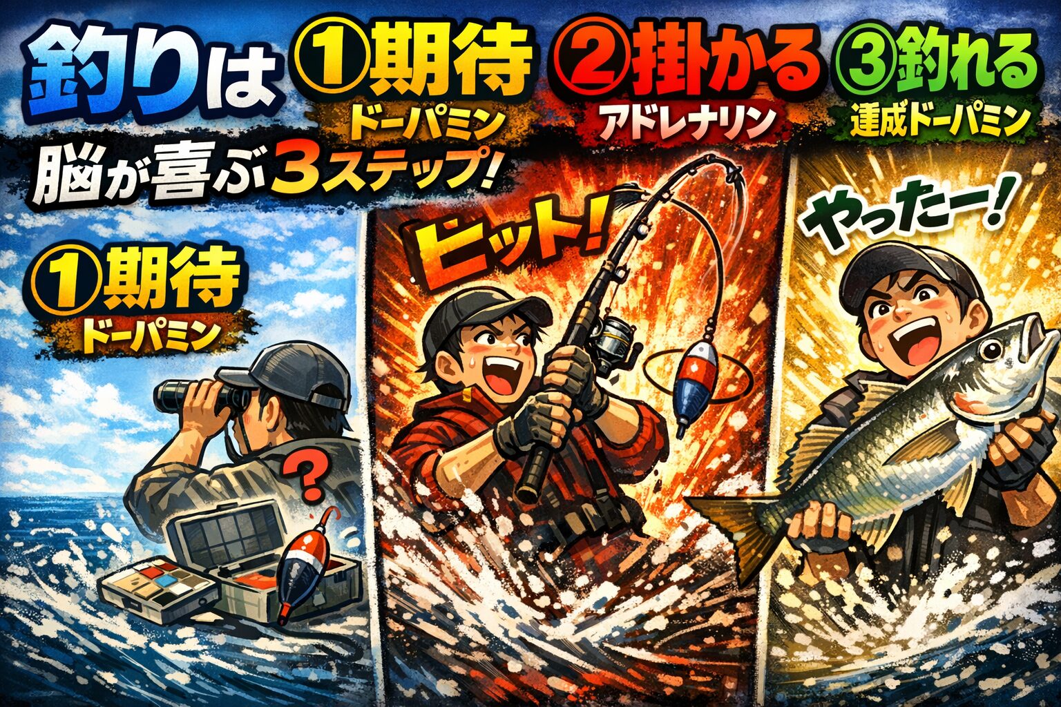 釣りは①期待する（ドーパミン）②掛かる（アドレナリン）③釣れる（達成ドーパミン）で成り立っている。釣太郎