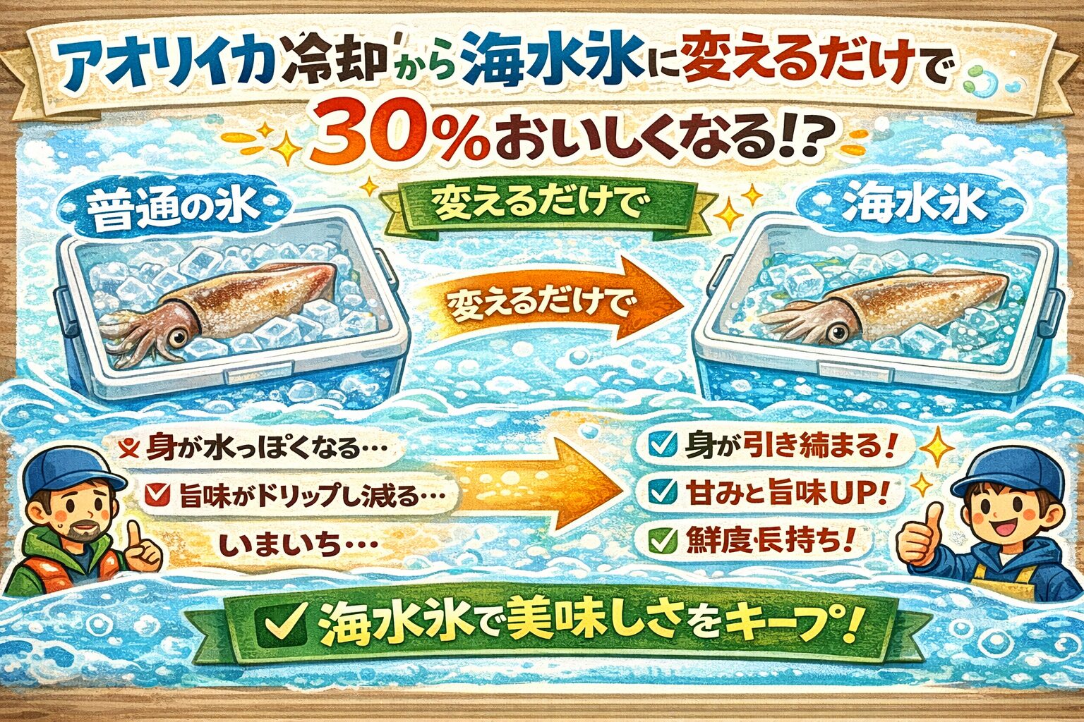 アオリイカ、普通氷から海水氷に変えるだけで・水っぽさが消える ・甘みが残る・身が締まりすぎない。結果約30％おいしく感じる。釣太郎