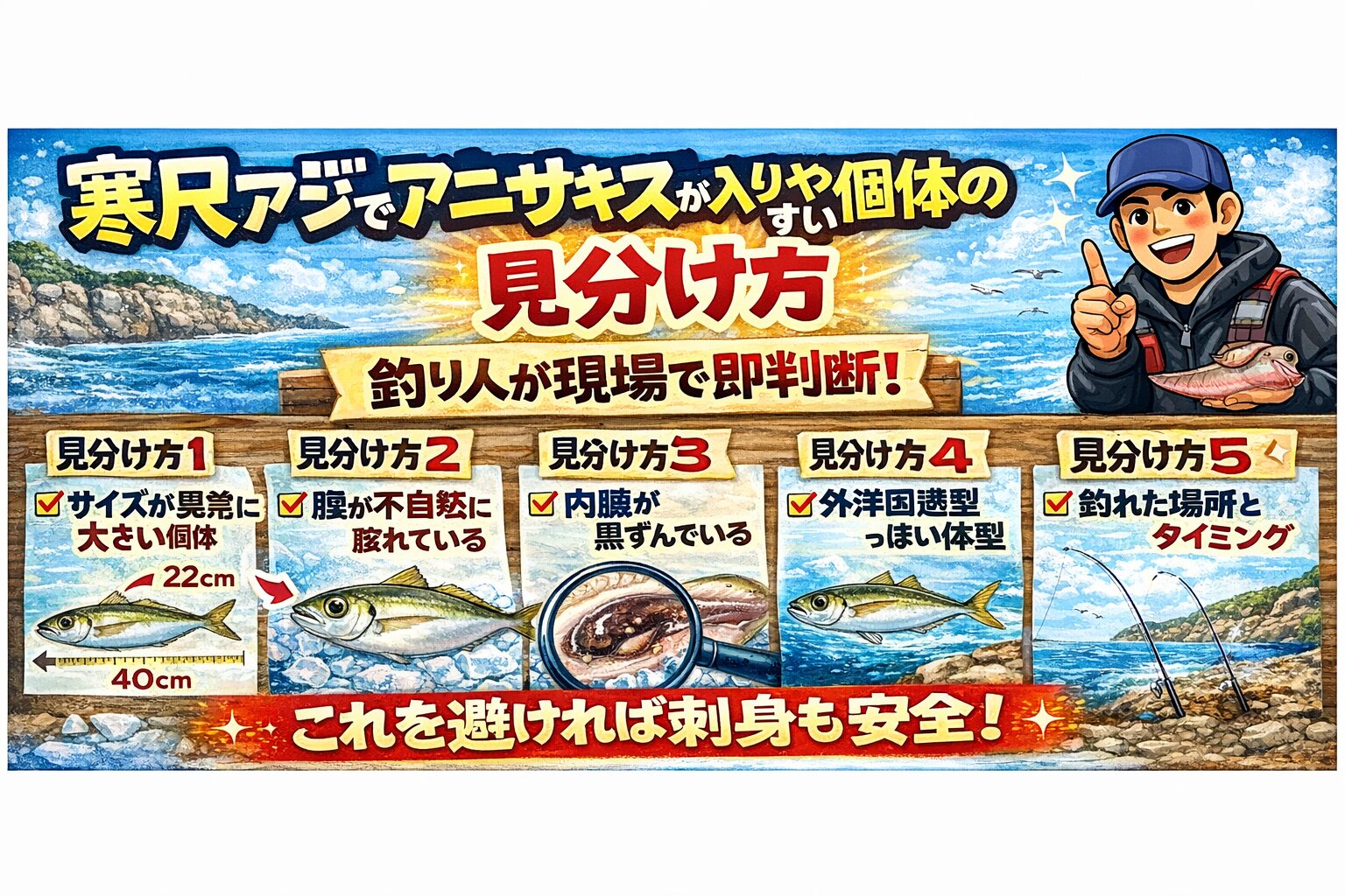 寒尺アジのアニサキス発生率は低い。ただし大型個体や外洋回遊型は注意。腹の張りや内臓の色で判断できる。釣った後の処理が最重要。釣太郎