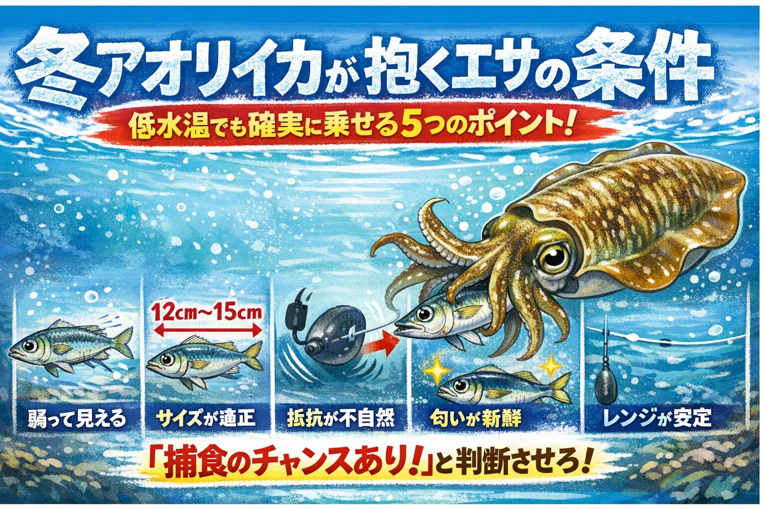 冬アオリイカが抱くエサの条件は、・弱って見える・サイズが適正 ・不自然な抵抗がない ・匂いが新鮮・レンジが安定している。この5点。釣太郎