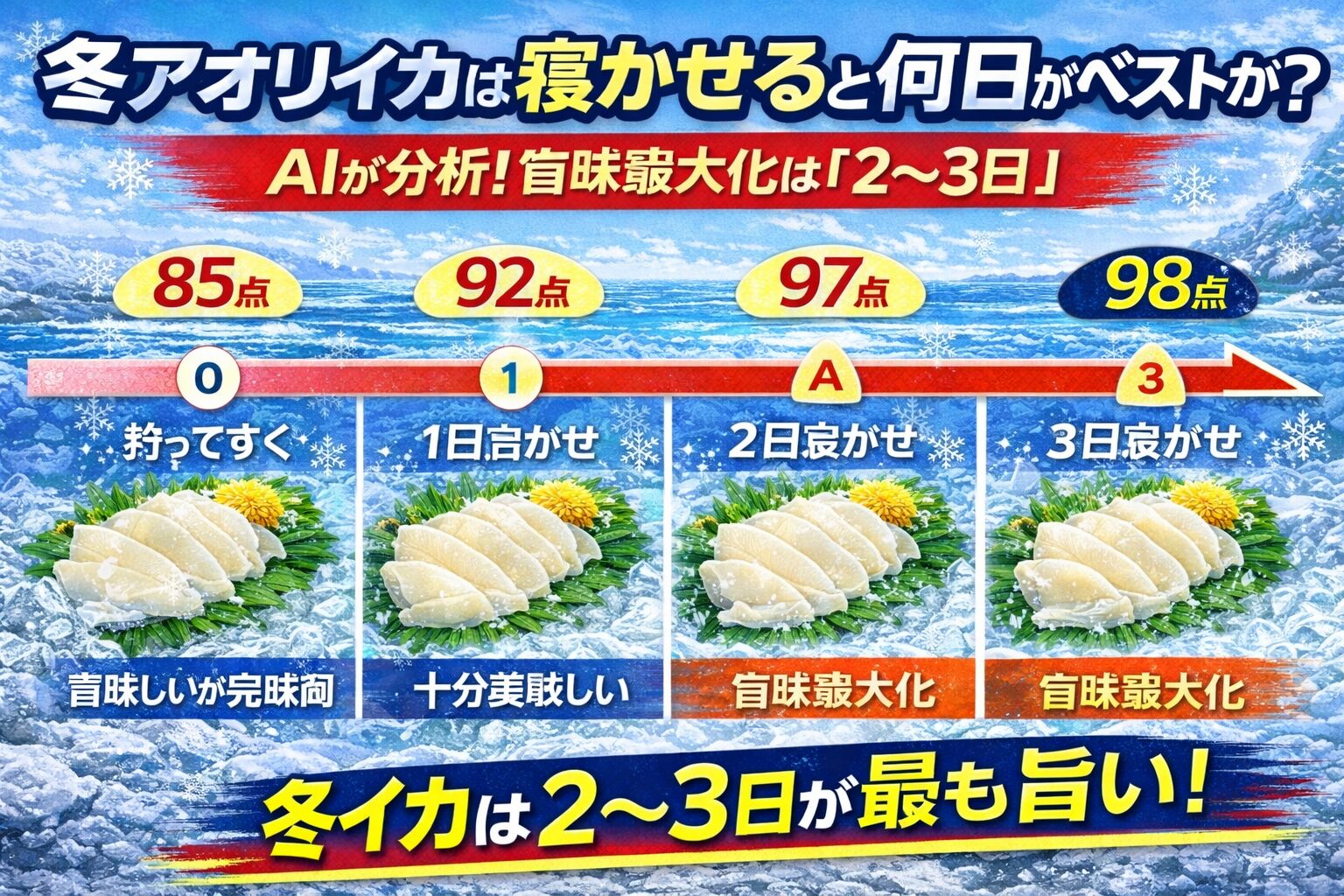 冬アオリイカを最も美味しく食べるなら、・ベストは2〜3日寝かせ。大型個体は3日が最適。0日は未完成 ・4日以上は好み次第。釣太郎