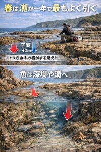 春の潮がよく引くのは、チャンスでもあり罠でもある・春は一年で最も潮が引きやすい ・魚は一時的に深場・溝へ下がる・干潮＝ダメ、ではない・上げ始めが最大の狙い目。釣太郎