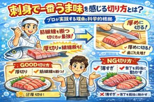 魚、うま味重視なら・筋繊維を断つ・やや厚切り。これが刺身で一番うま味を感じる切り方。釣太郎