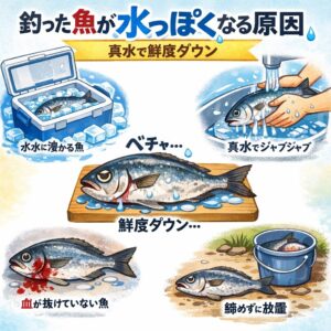 釣った魚が水っぽくなる主な原因は、真水に触れさせる・冷やし方のミス・血抜き不足 ・締め遅れ。この4点。釣太郎