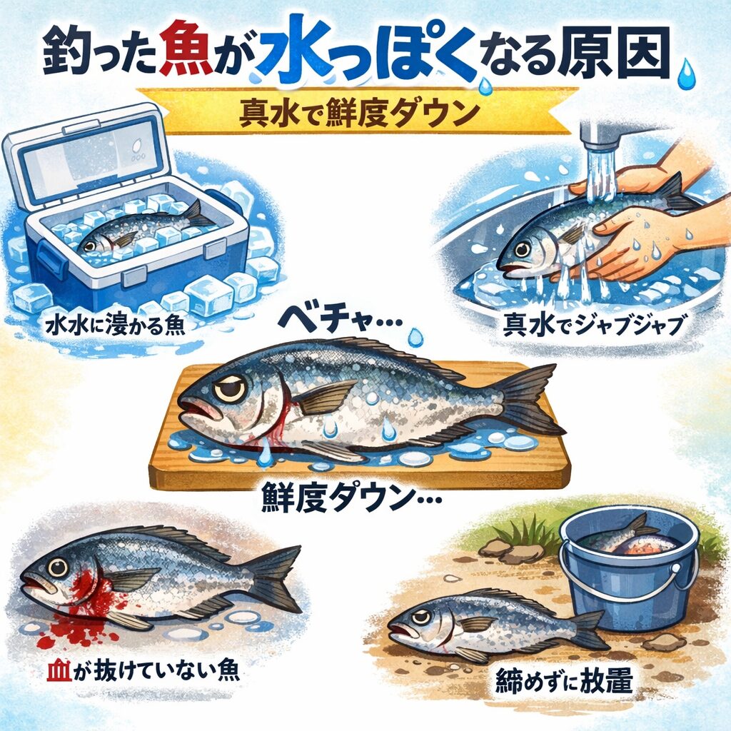 釣った魚が水っぽくなる主な原因は、真水に触れさせる・冷やし方のミス・血抜き不足 ・締め遅れ。この4点。釣太郎