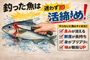 魚を釣ったら締める。この意味は、✔ 味が良くなる✔ 臭わない ✔ 長持ち✔ 評価が上がる。釣太郎
