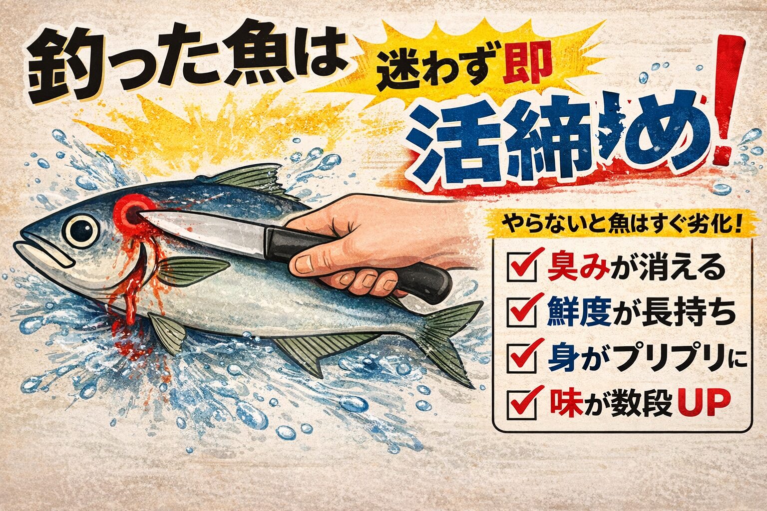 魚を釣ったら締める。この意味は、✔ 味が良くなる✔ 臭わない ✔ 長持ち✔ 評価が上がる。釣太郎