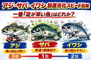 サバは最速で鮮度が落ちる・イワシは身が崩れやすく足が早い・アジは油断されやすいが味落ちが早い・青物ほど釣った後の扱いが重要。釣太郎
