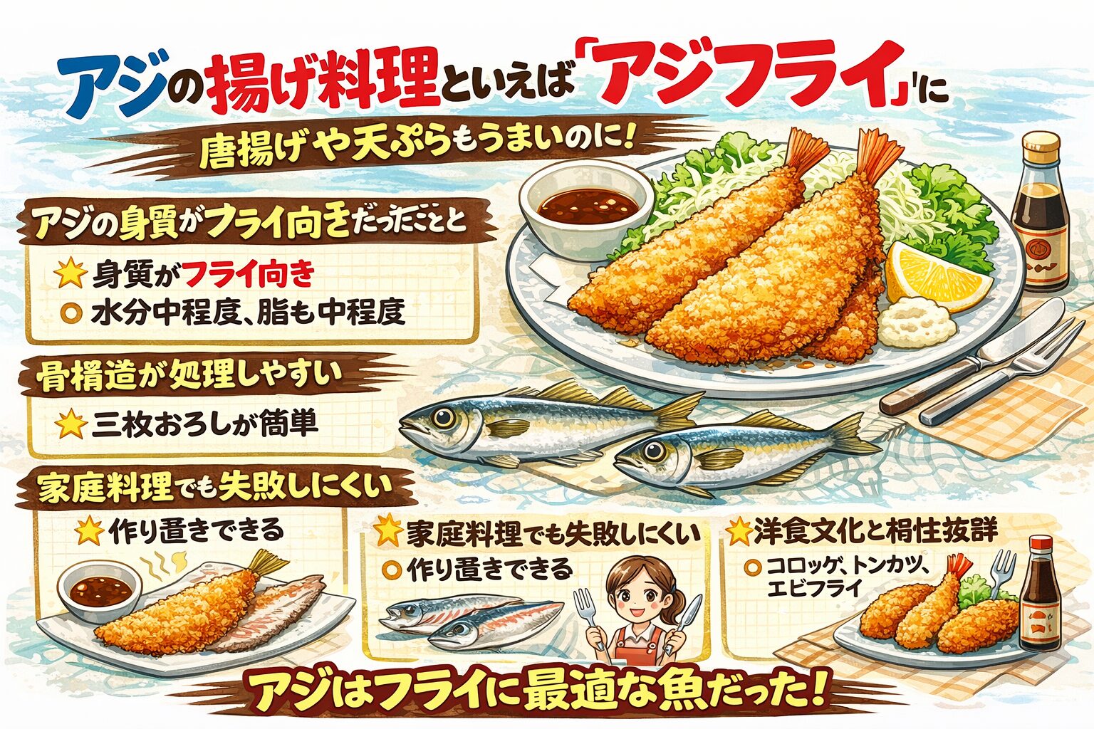アジがフライの代表になった理由は、身質がフライ向き。骨構造が処理しやすい。家庭料理として失敗しにくい。洋食文化と相性が良かった。釣太郎