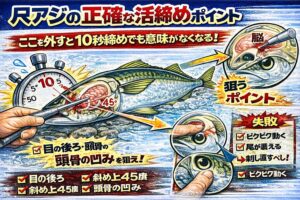 尺アジの活締めは場所がすべて・狙うのは「目の後ろの頭骨のくぼみ」・10秒以内＋正確さが条件・反応で成否がすぐ分かる・締めたら血抜きと冷却まで一気に行う.釣太郎
