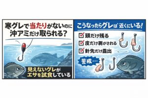 寒グレで当たりがないのに沖アミだけ取られるのは・エサ取りではない・グレは確実に近くにいる・違和感を感じて触っている。釣れない原因は魚ではなく 仕掛け。釣太郎