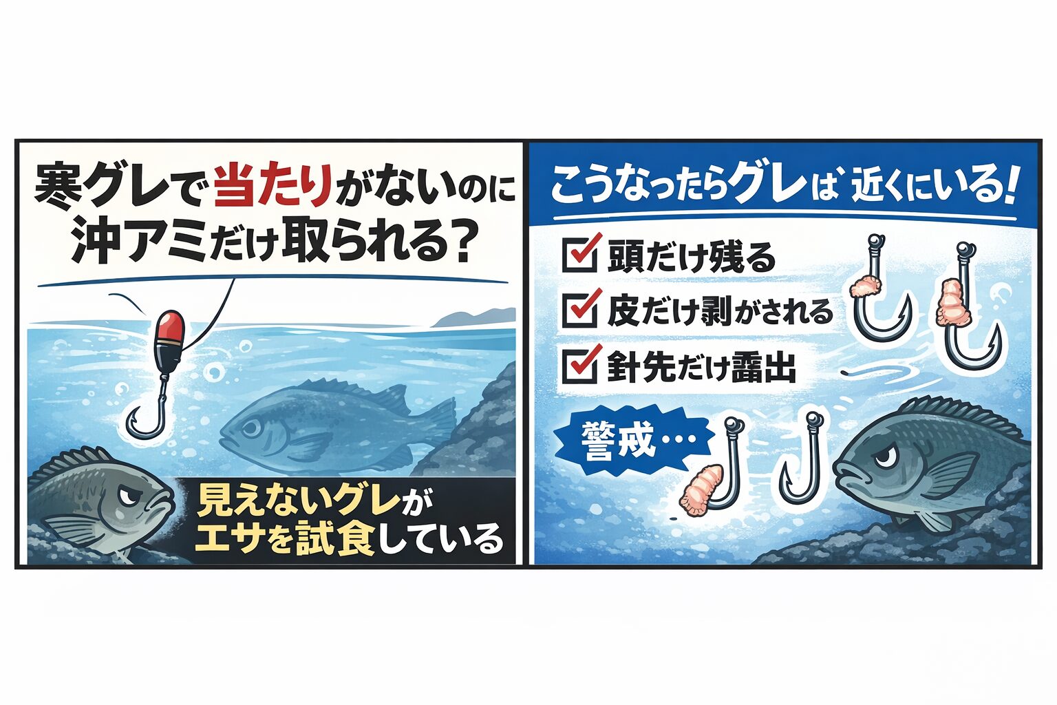 寒グレで当たりがないのに沖アミだけ取られるのは・エサ取りではない・グレは確実に近くにいる・違和感を感じて触っている。釣れない原因は魚ではなく 仕掛け。釣太郎